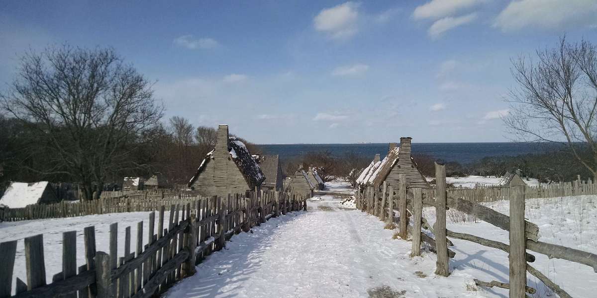 Winter View of Plimoth Patuxet Museums in Plymouth, MA
