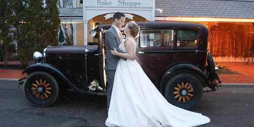 Bride & Groom with Vintage Car - Publick House Historic Inn - Sturbridge, MA